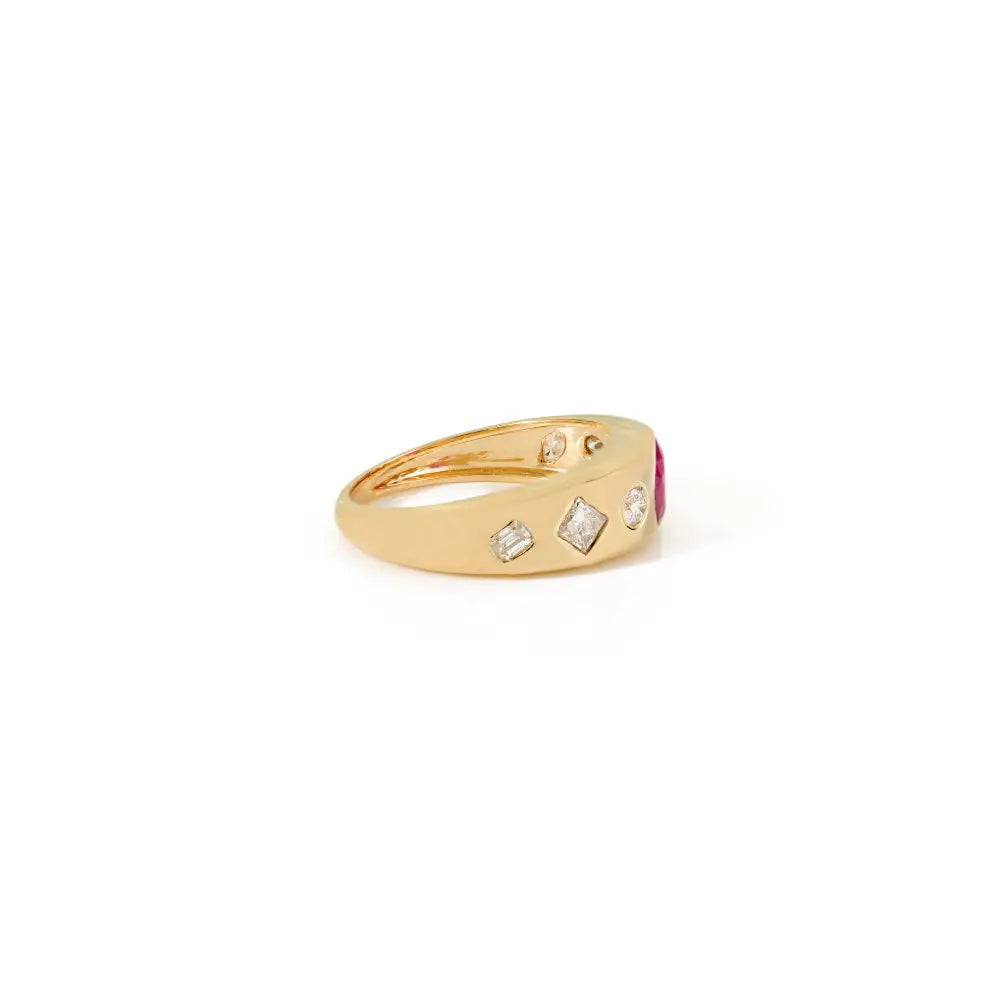 Best Selling Mixed Shape Diamond & Ruby Chunky Dome Ring 18K Yellow Gold Engagement Jewelry