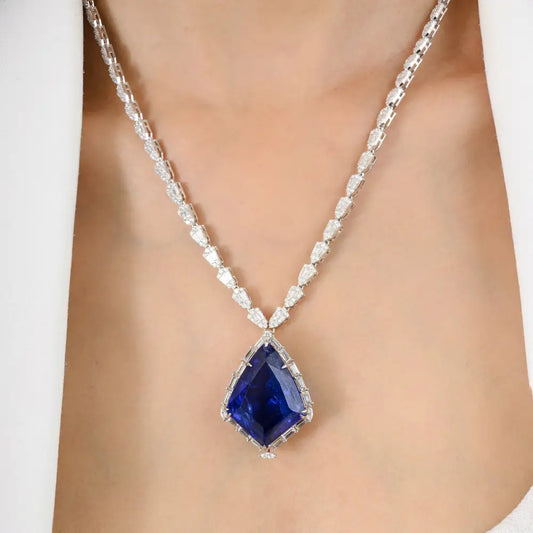 Fancy Shape Tanzanite & Diamond Statement Necklace in 18K White Gold Bold Luxury Jewelry