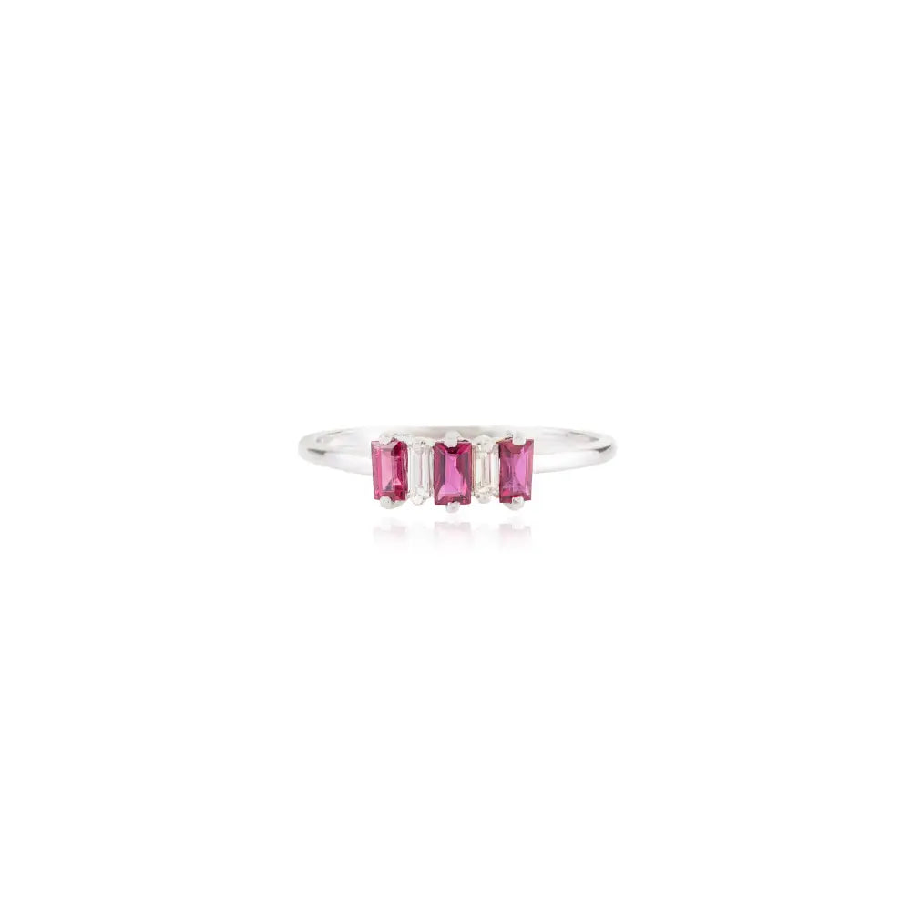 Minimalist Ruby & Diamond Three Stone Ring For Women 14K Pure White Gold Custom Jewelry