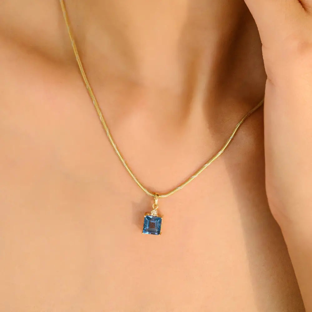 3 Pcs Ring Earrings & Pendant Genuine Blue Topaz & Diamond Jewelry Set 18K Yellow Gold