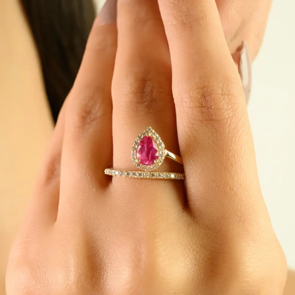 Pear Shape Ruby & Diamond Halo Floating Designer Ring 14K Yellow Gold Wedding Jewelry