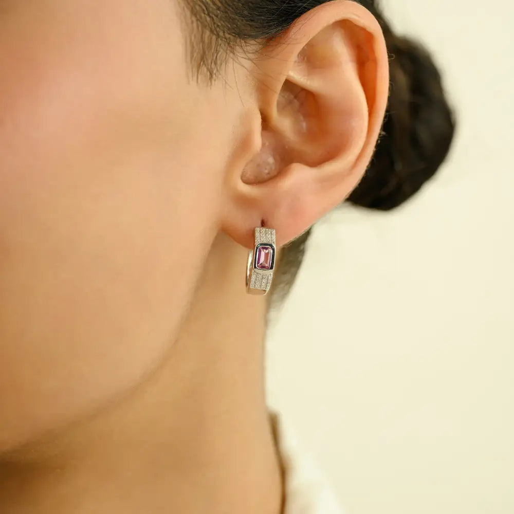 Pink Sapphire & Diamond Russian Lock Trending Hoop Earrings 14K White Gold Fine Jewelry
