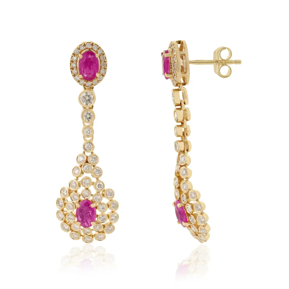 Bold Statement Ruby & Diamond Solid K14 Yellow Gold Dangle Earrings Anniversary Gift