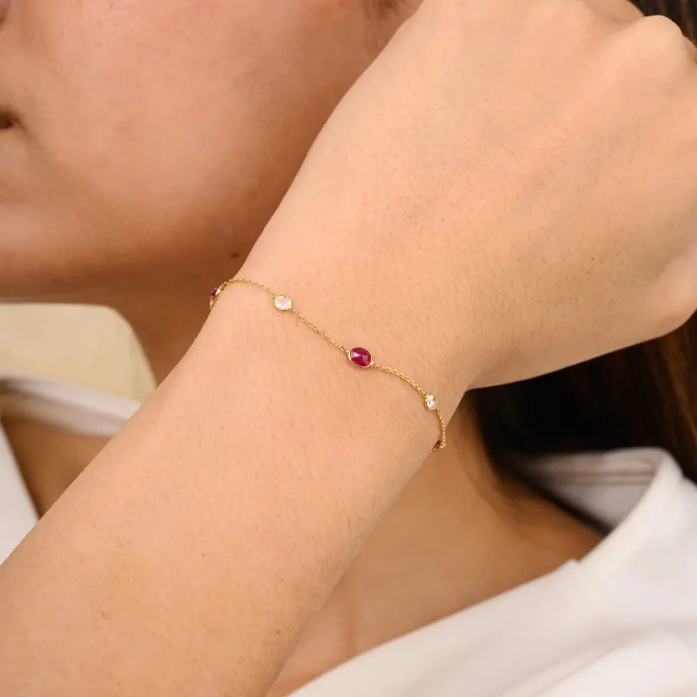 Best Quality Products 18K Solid Yellow Gold Ruby & Diamond Chain Bracelet