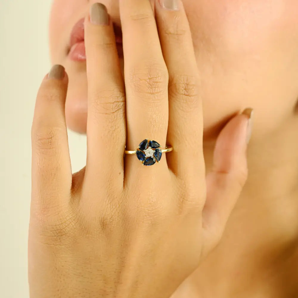 Flower Inspired 14K Yellow Gold Blue Sapphire & Diamond Engagement Gemstone Ring