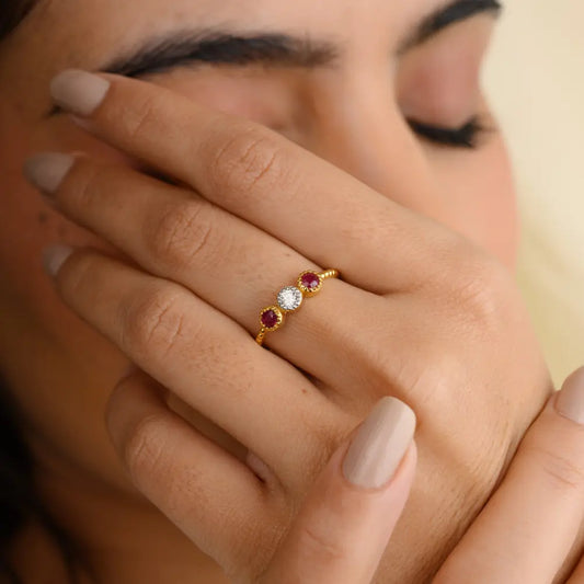 Designer Jewelry Ruby & Diamond 18K Solid Yellow Gold July Birthstone Ring