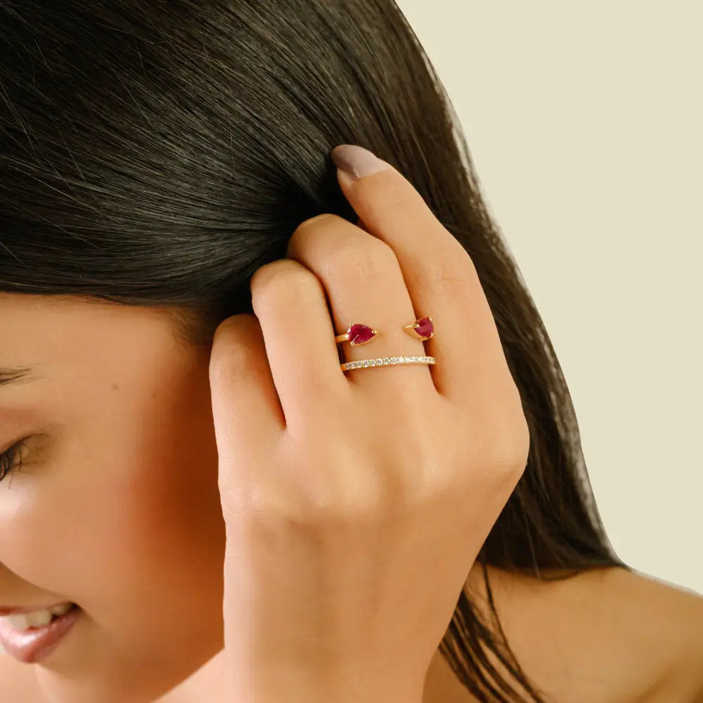 Natural Ruby & Diamond Fine 14K Solid Yellow Gold Unique Designer Ring Party Wear Jewelry