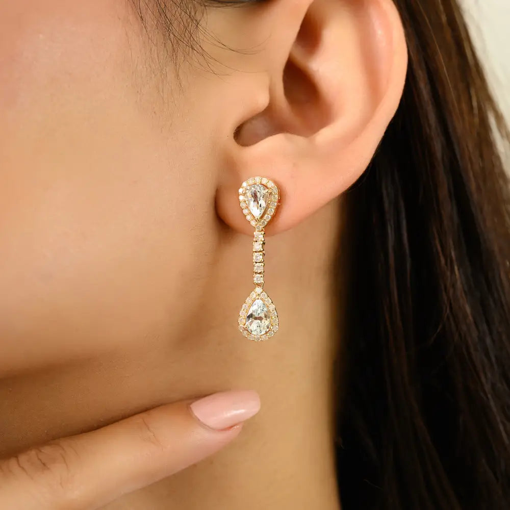 14K Yellow Gold Aquamarine & Diamond Halo Drop Earrings Women Wedding Jewelry Supplier