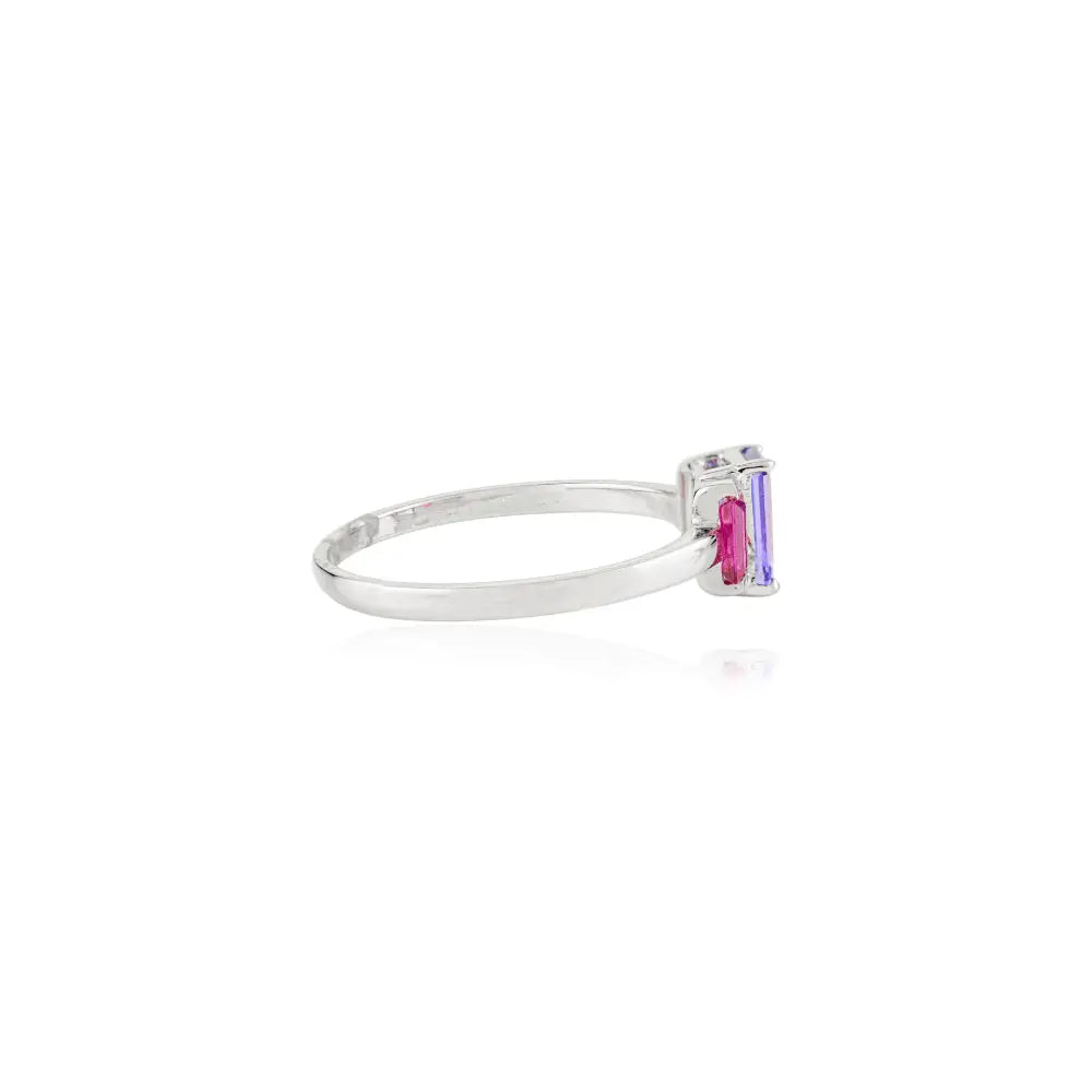 Natural Birthstone Tanzanite & Ruby Real K14 White Gold Three Stone Ring Custom Jewelry