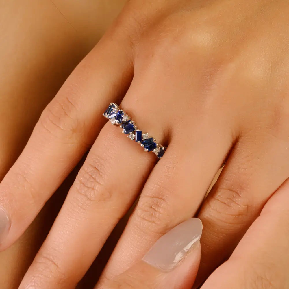 Unique Design Blue Sapphire & Diamond Zig Zag Half Band Ring Stacking 14K Solid Gold Jewelry