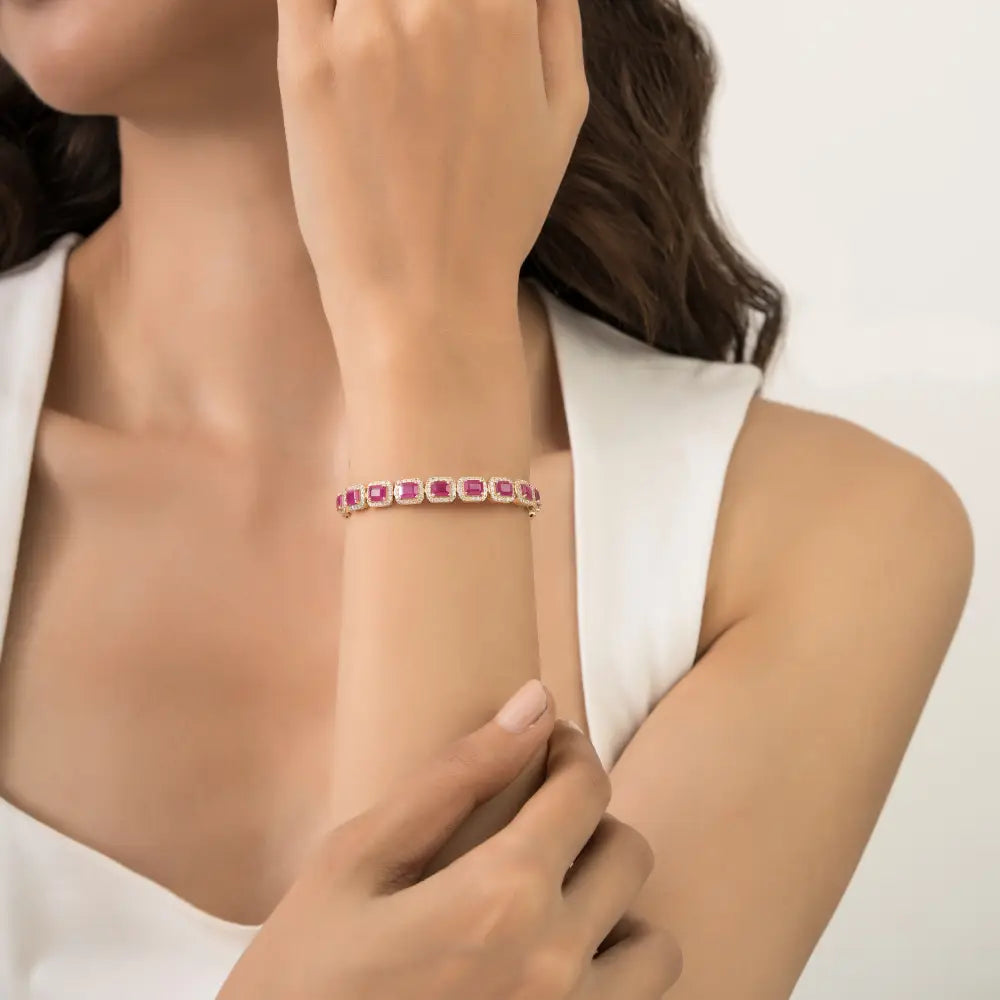 Luxurious Ruby & Diamond Halo Statement Tennis Bracelet 14K Yellow Gold Wedding Jewelry