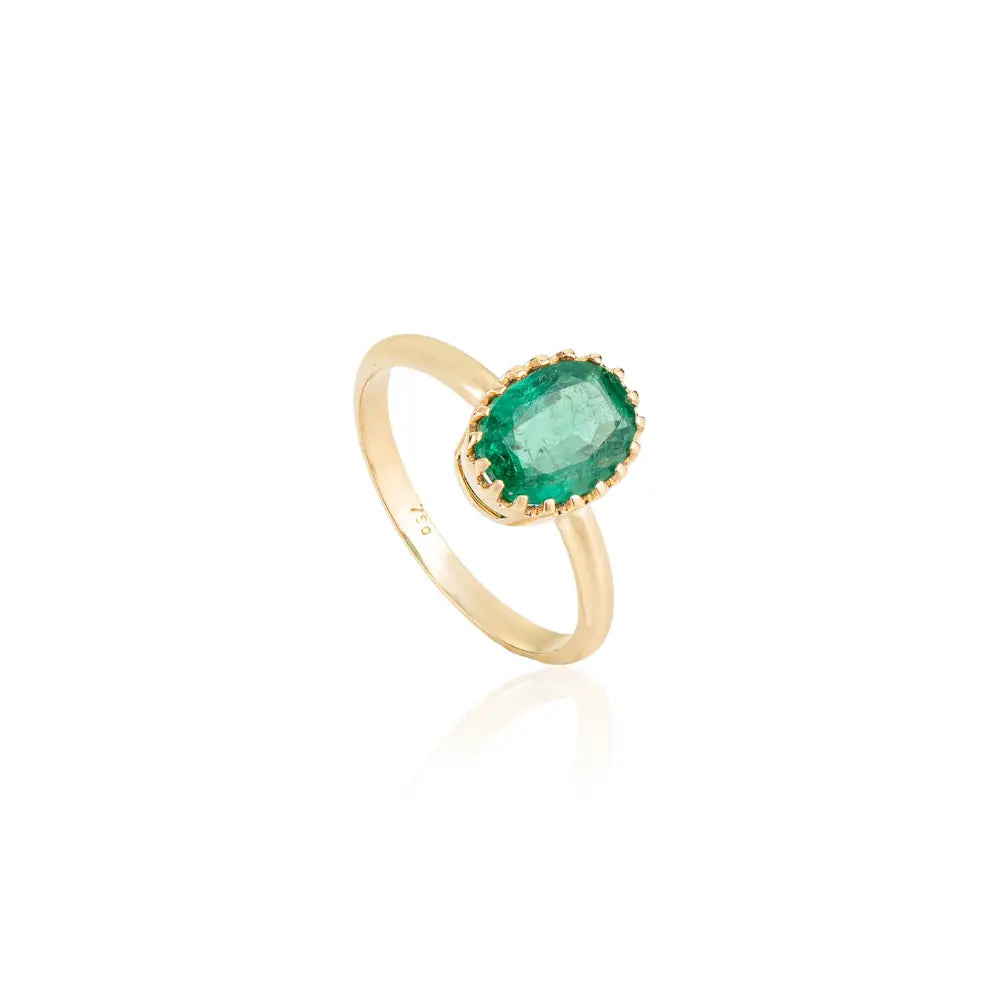 Oval Cut Emerald Solitaire Gemstone Engagement Ring Solid 18K Yellow Gold Fine Jewelry