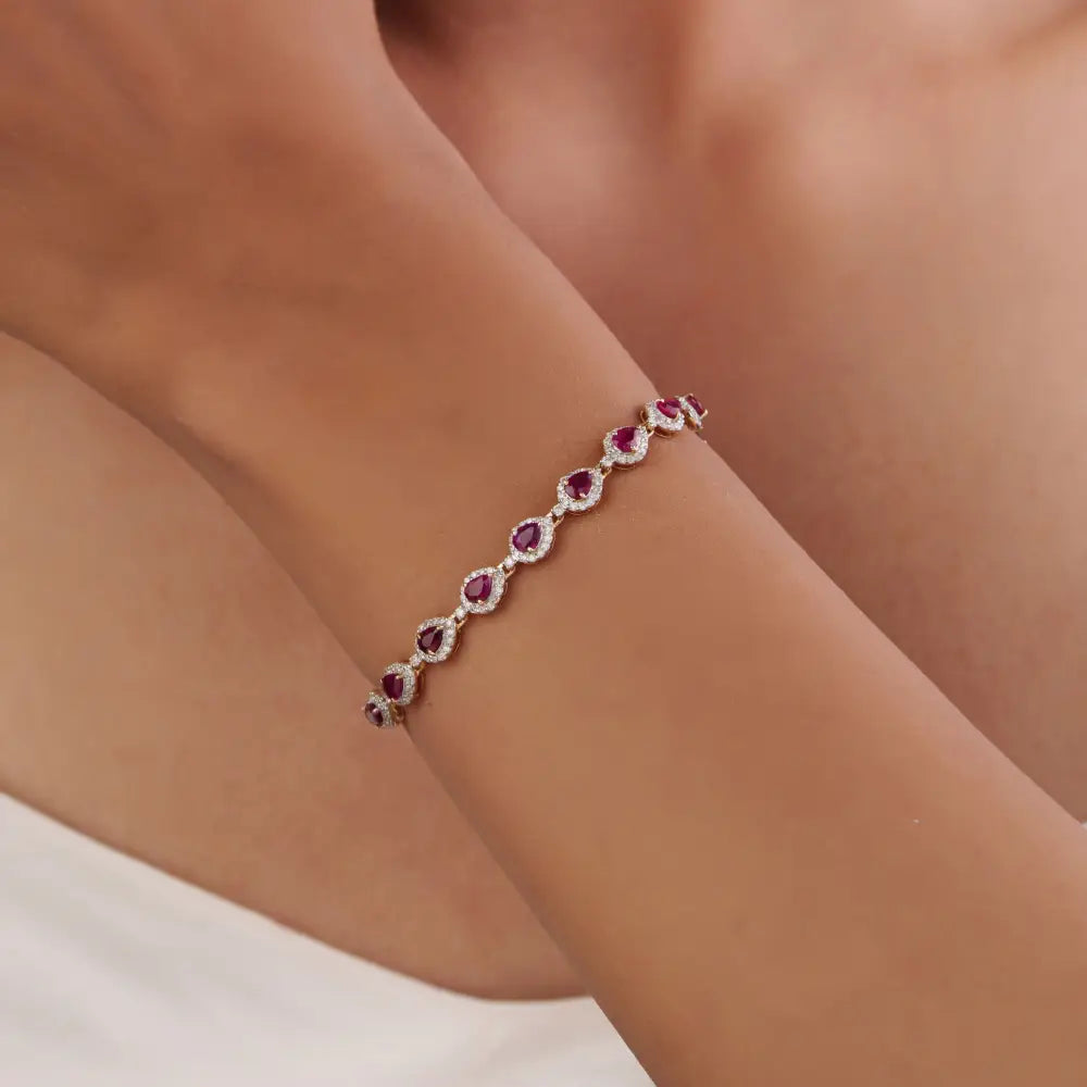 New Arrivals Real Ruby & Diamond K14 Solid Yellow Gold Halo Wedding Bracelet Valentine's Day Gift Jewelry