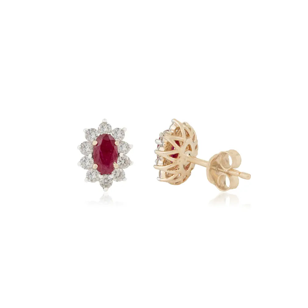Minimal Real Ruby & Diamond 14K Yellow Gold Cluster Stud Earrings Daily Wear Jewelry
