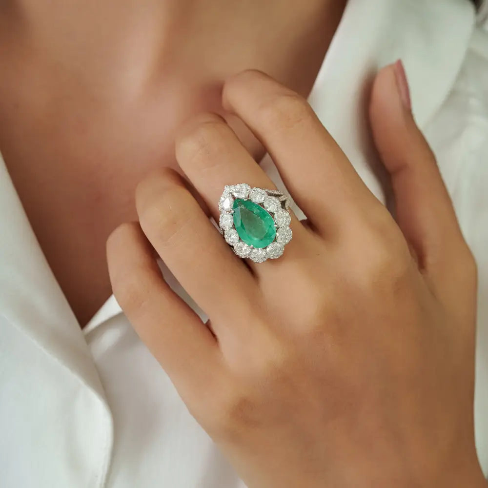 Luxurious 18K White Gold 5 Ct. Zambian Emerald & Diamond Triple Shank Cluster Ring Wedding