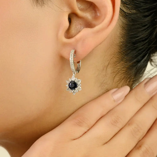 Unique Design Blue Sapphire & Diamond 14K Solid Gold Cluster Charm Hoop Drop Earrings