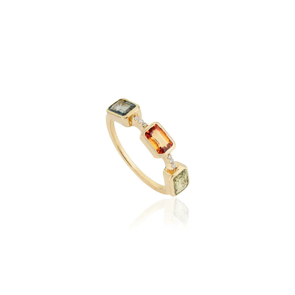 Elegant Design 14K Solid Yellow Gold Multi Sapphire & Diamond Three Stone Ring Stack Jewelry