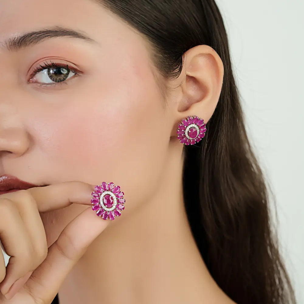 July Birthstone Ruby & Diamond Halo Big Flower Stud Earrings For Women 14K White Gold