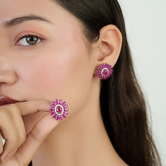 July Birthstone Ruby & Diamond Halo Big Flower Stud Earrings For Women 14K White Gold