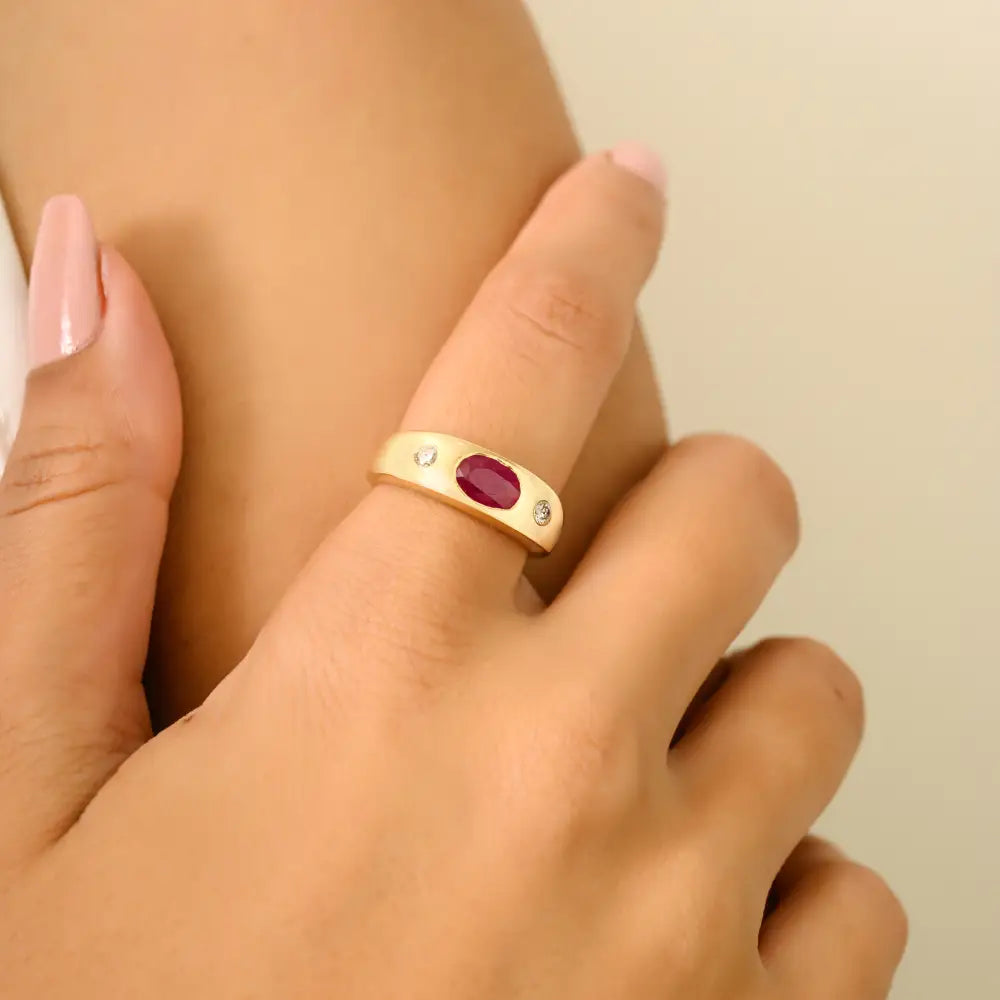 Gypsy Set Ruby Gemstone & Diamond Chunky Signet Ring Gift For Women 14K Yellow Gold