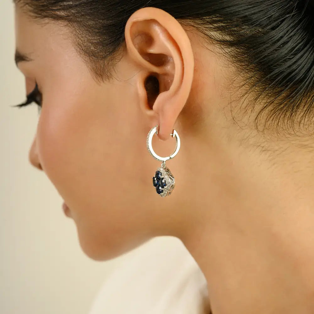 Trending K14 White Gold Blue Sapphire & Diamond Luxury Hoop Charm Clover Drop Earrings