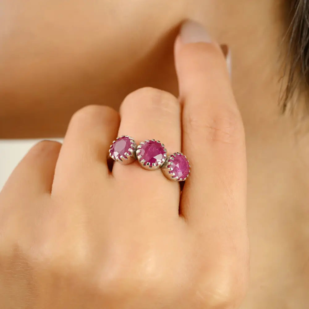 Precious Gemstone Round Cut Ruby Three Stone Ring Fine Pure K14 Gold Gift For Women Jewelry