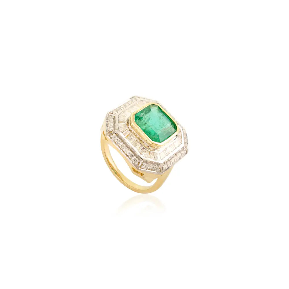 Precious Gemstone Cushion Cut Emerald & Diamond 14K Yellow Gold Bold Wedding Ring