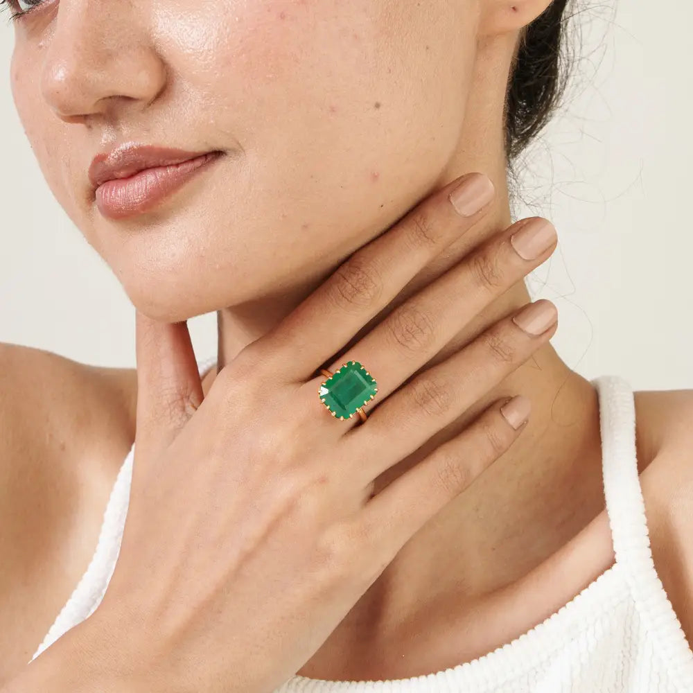 18K Solid Yellow Gold Zambian Emerald Big Gemstone Solitaire Ring Bold Statement Jewelry