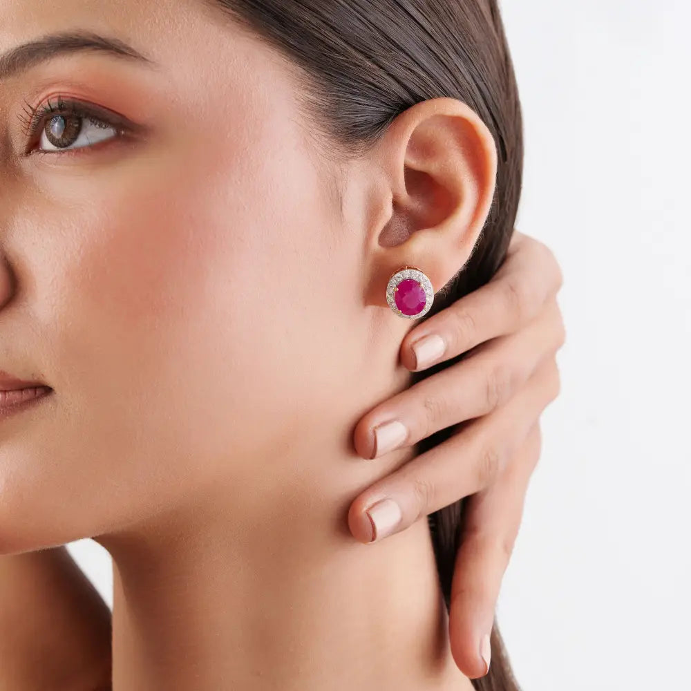 Latest New Arrivals K18 Yellow Gold Ruby & Diamond Halo Statement Stud Earrings For Women's