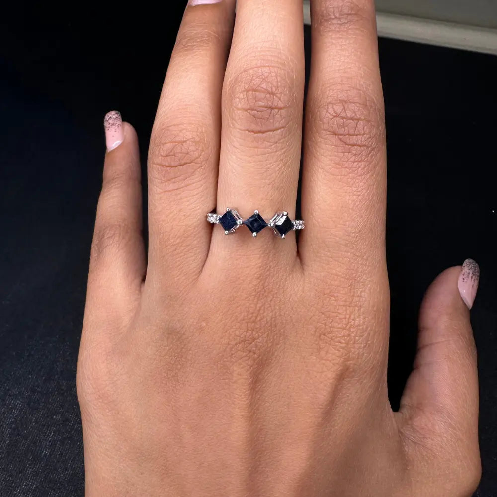 14K White Gold Natural Three Blue Sapphire & Diamond Stackable Band Ring