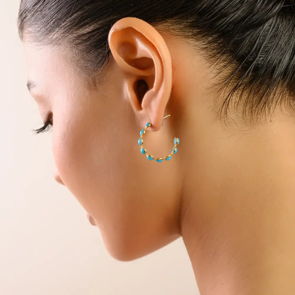 December Birthstone Turquoise Stone 18k Pure Yellow Gold Everyday Wear C Hoop Earrings