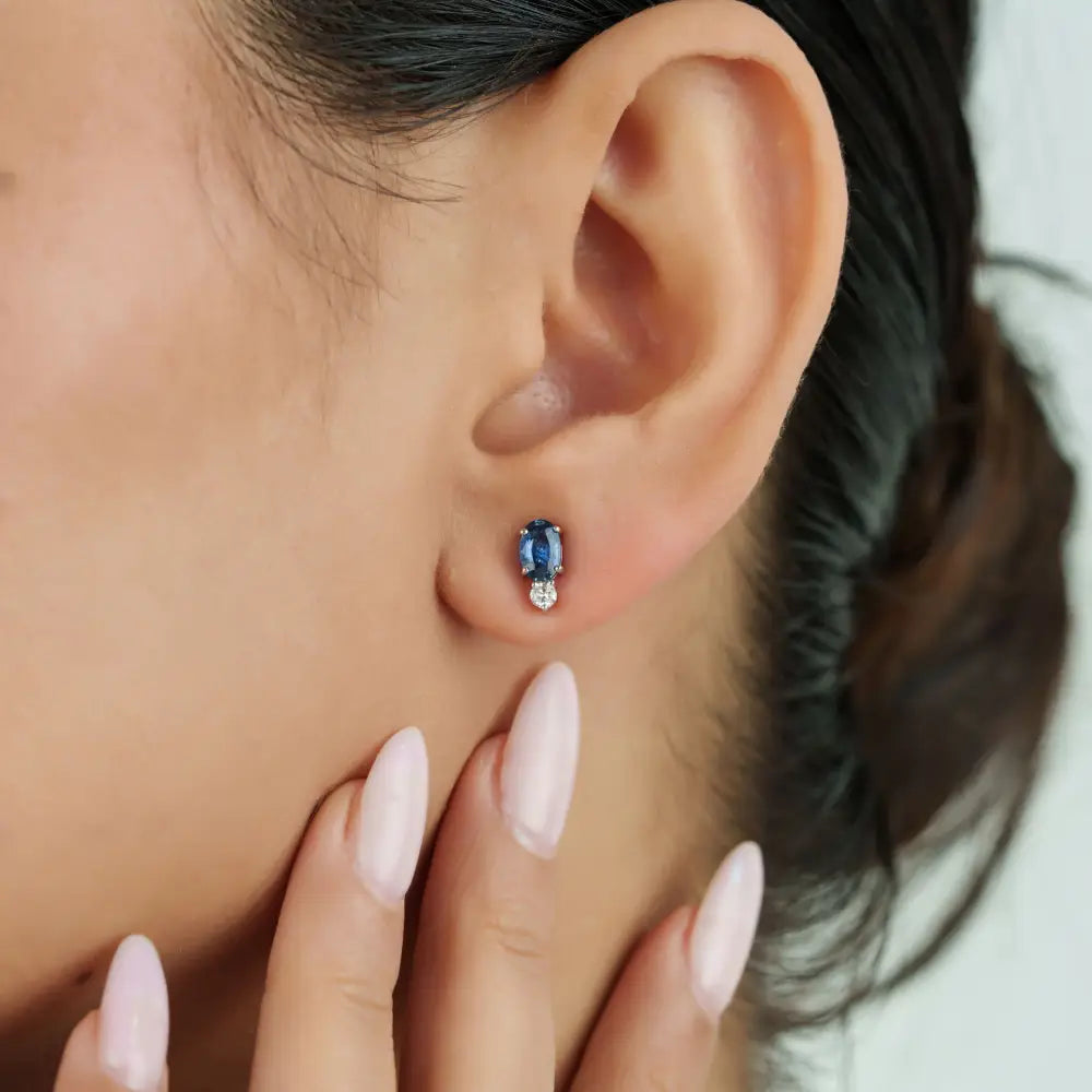 Elegant Classic Design Blue Sapphire & Diamond 14K White Gold Minimal Stud Earrings For Girls