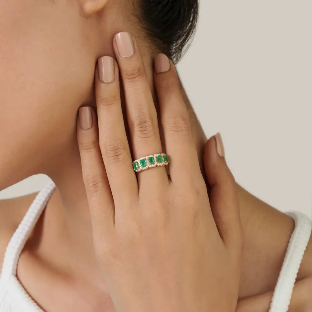 Natural Zambian Emerald & Diamond 14K Real Yellow Gold Halo Half Eternity Band Ring