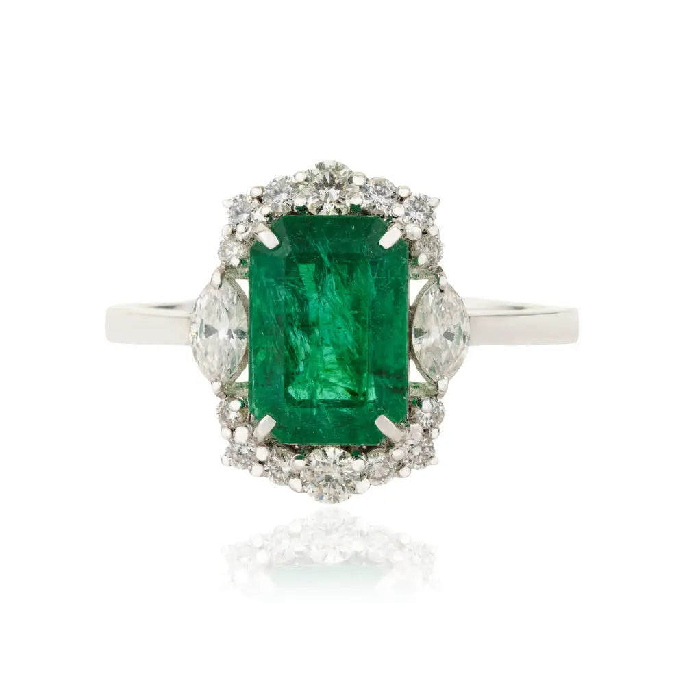 Solid 18K White Gold Emerald & Diamond Statement Ring Wholesale Gemstone Jewelry
