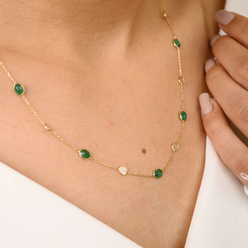 Emerald & Diamond Solid 18K Yellow Gold Handcrafted Long Chain Necklace