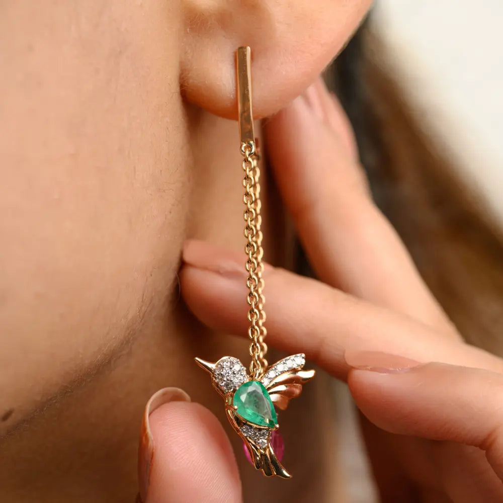 18k Rose Gold Flying Hummingbird Emerald, Ruby & Diamond Chain Earrings