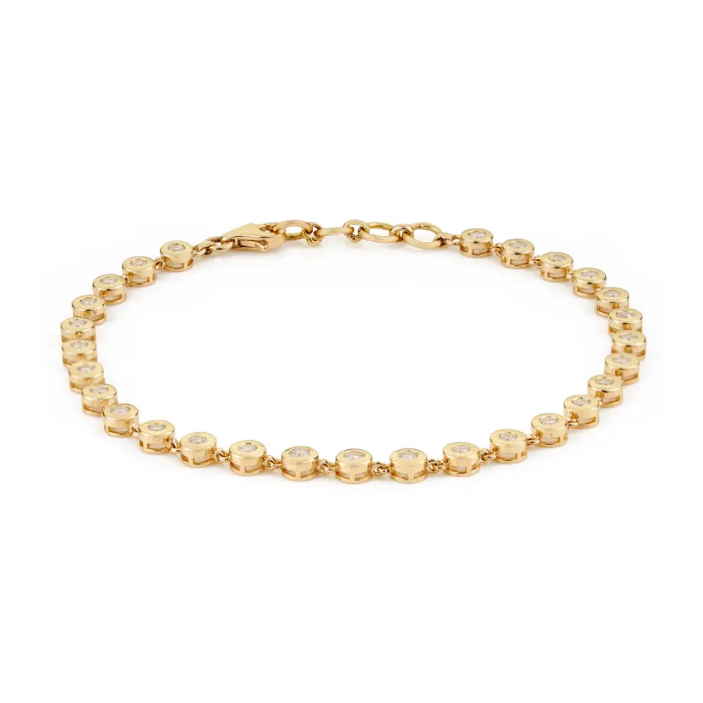 Round Cut Diamond Bezel Set Solid 14K Yellow Gold Bubble Stackable Bracelet For Unisex