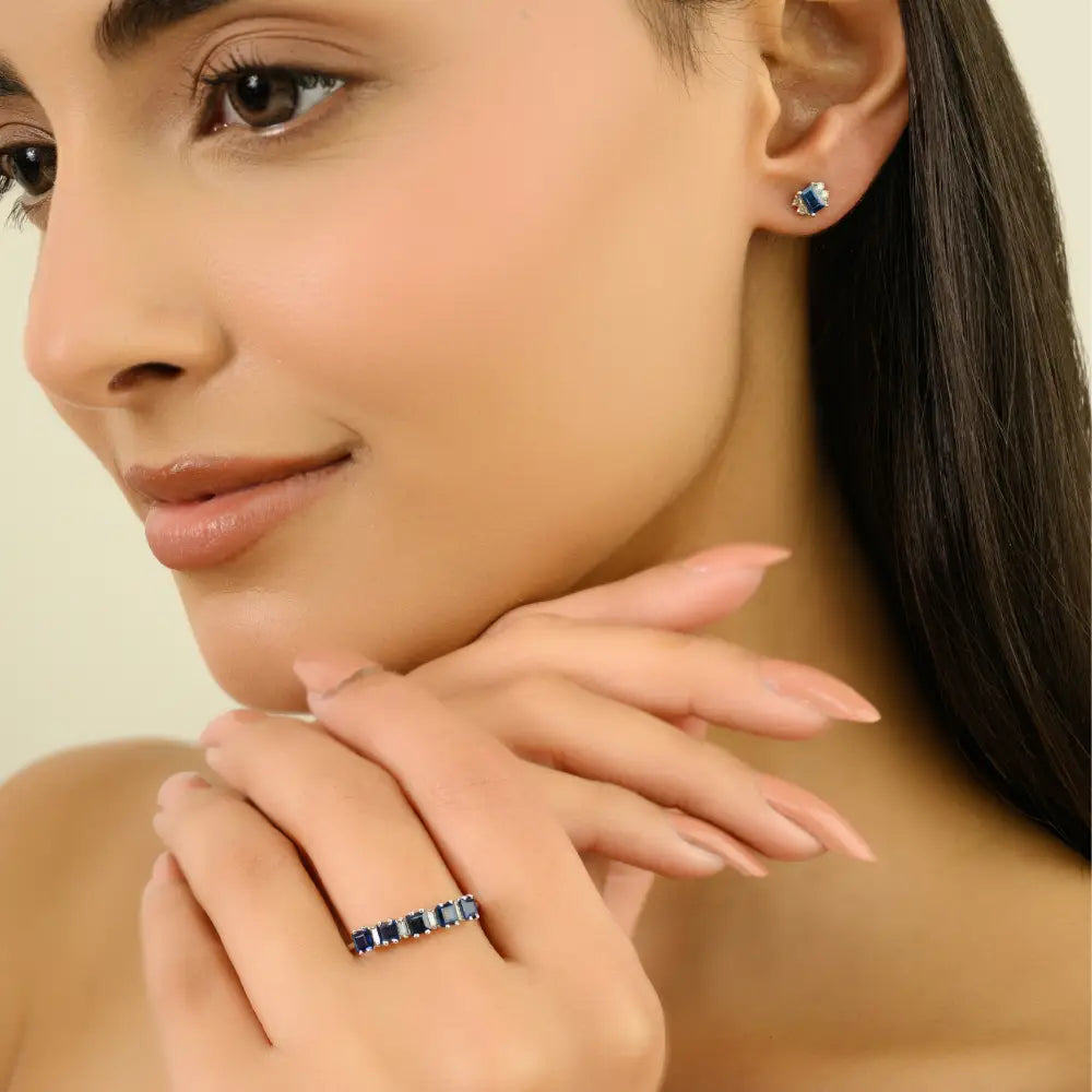 Delicate Blue Sapphire & Diamond 14K White Gold Minimal Stud Earrings Graduation Gift