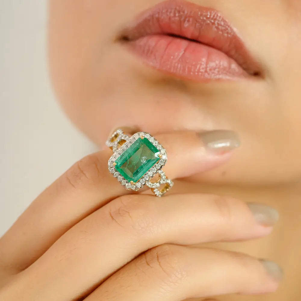 3.17ct. Zambian Emerald & Diamond Bold Statement Ring Bridal Bulk Jewelry 18K Yellow Gold