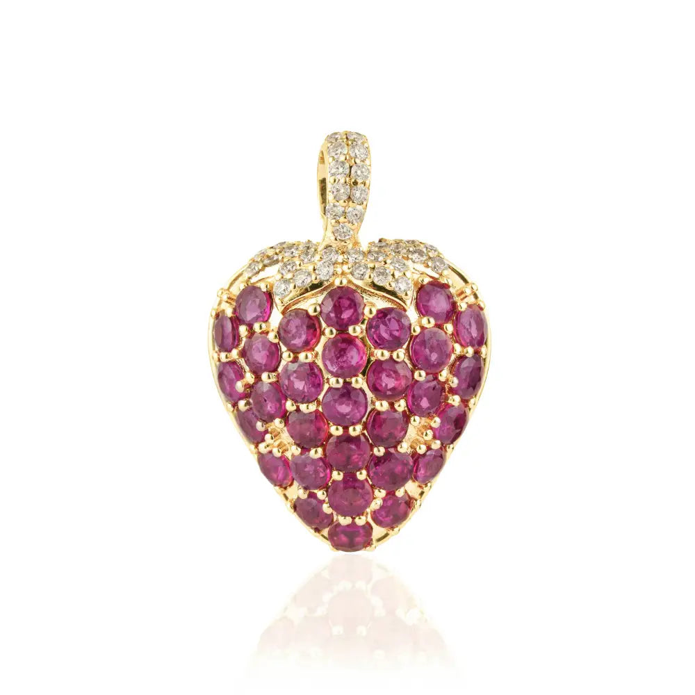 Unique Design Full Pave Set Ruby & Diamond Strawberry Pendant 14K Real Yellow Gold Jewelry