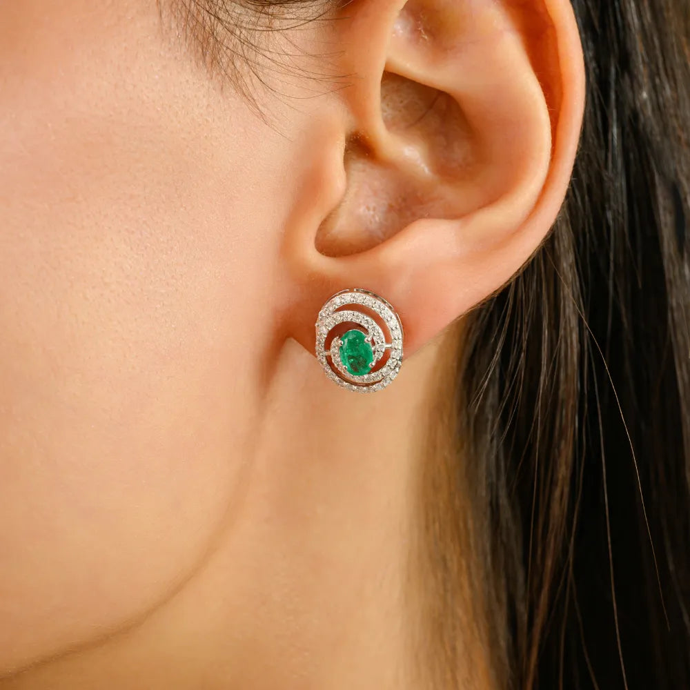 Unique Latest Design Emerald & Diamond Double Halo Spiral Stud Earrings 14K Gold Jewelry