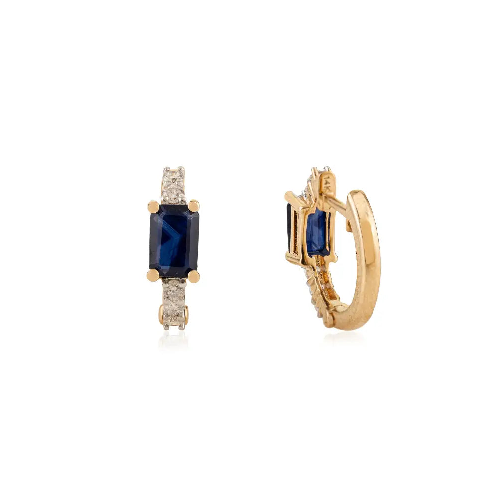 Real K14 Yellow Gold Blue Sapphire & Diamond Minimal Hoop Earrings Handmade Jewelry