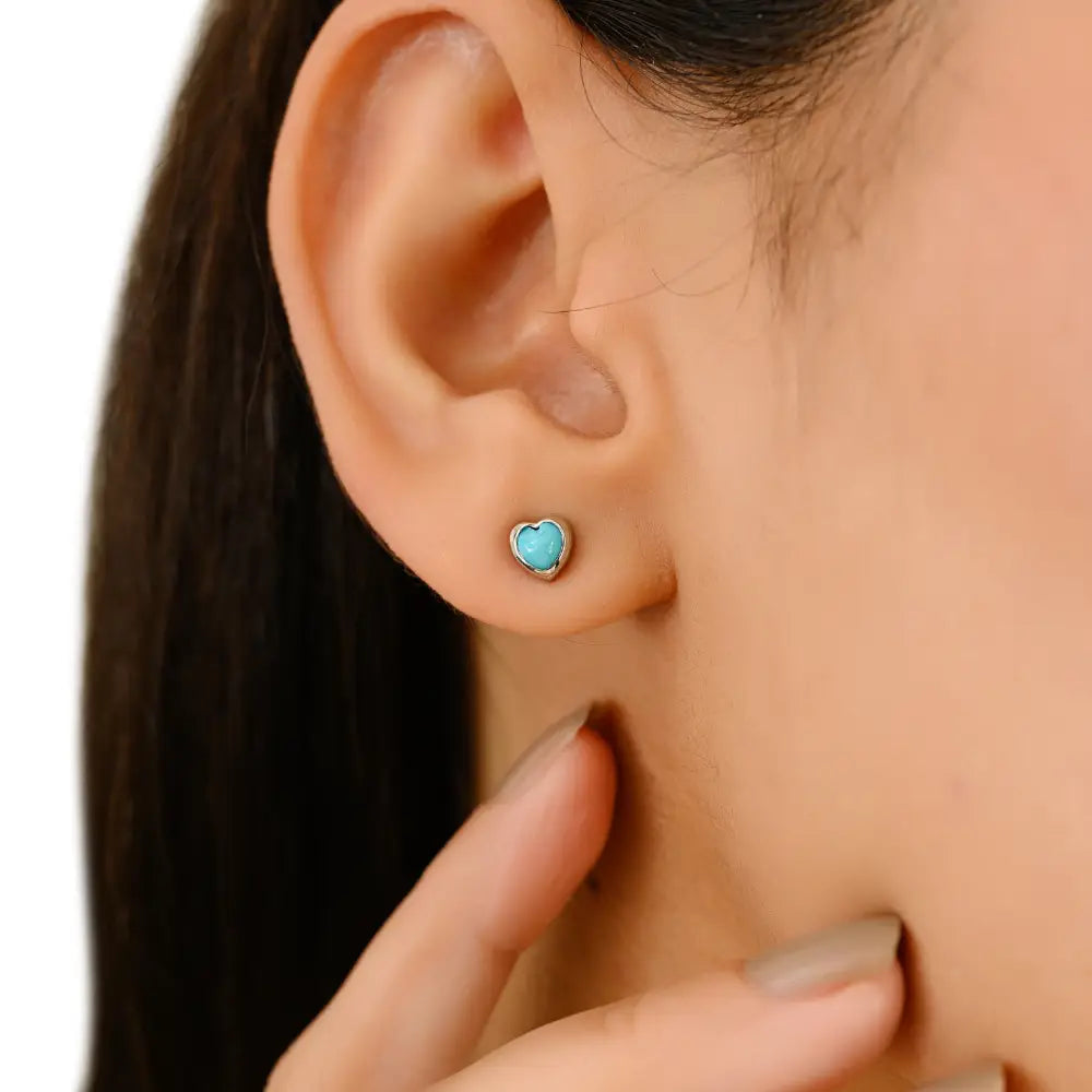Minimalist Design Turquoise Gemstone Heart Shape Stud Earrings Real K14 White Gold Jewelry