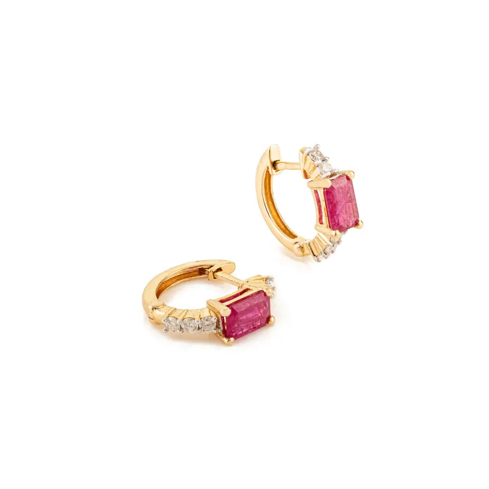 July Birthstone Ruby & Diamond 18K Yellow Gold Minimal Hoop Earrings Valentine Gift