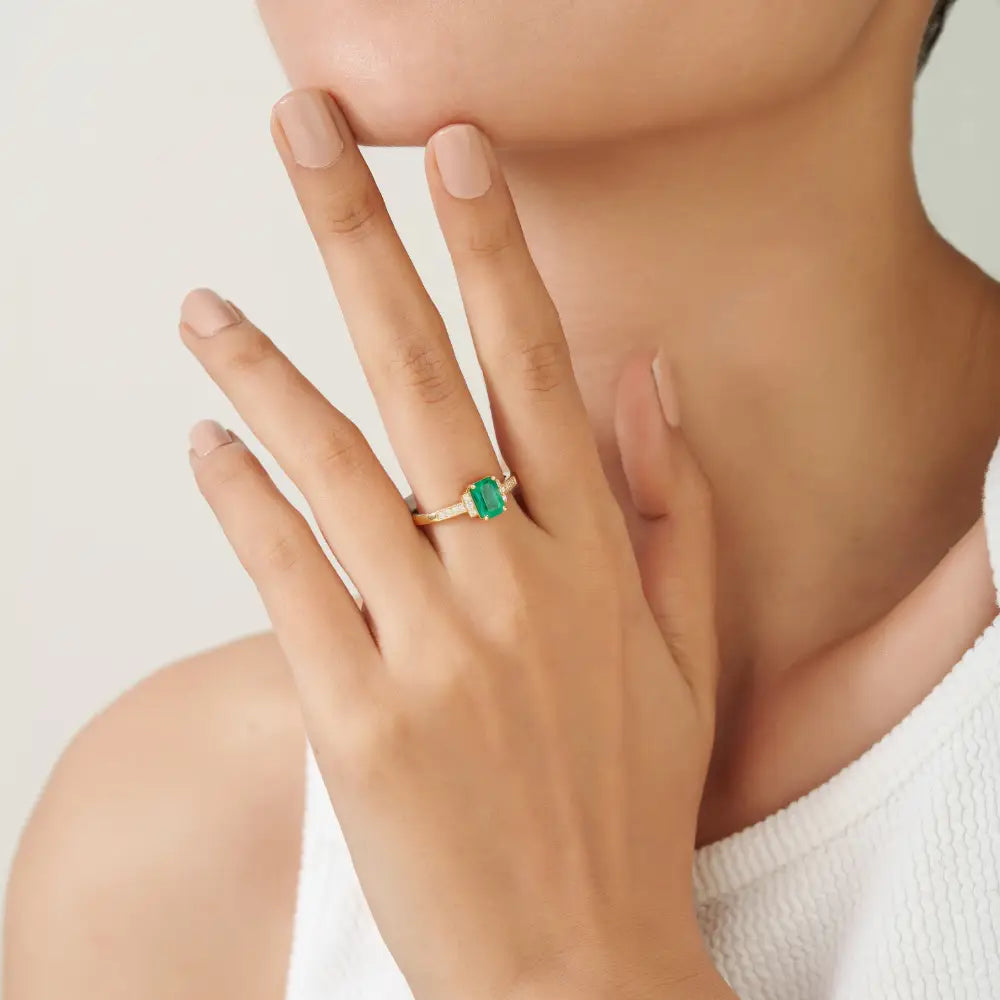 K14 Yellow Gold Handcrafted Emerald & Diamond Engagement Ring New Arrivals Jewelry