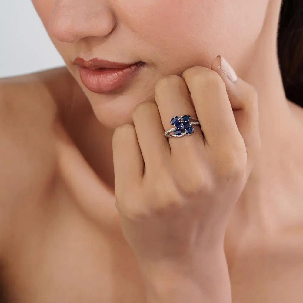 5x3mm Oval Cut Blue Sapphire & Diamond Fine 14K White Gold Wedding Ring New Arrivals Jewelry