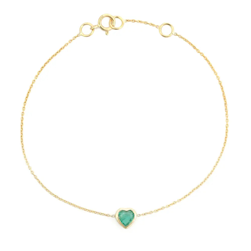 14K Solid Yellow Gold Natural Emerald Heart Shape Spring Lock Chain Bracelet Women Jewelry