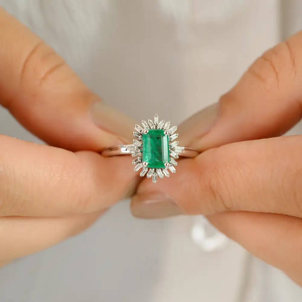 Unique Design Handmade Emerald & Diamond 14K Real White Gold Cluster Ring Fine Jewelry