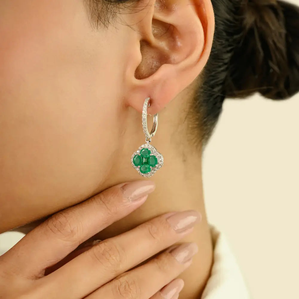 K14 White Gold Emerald & Diamond Hoop Charm Clover Drop Earrings Statement Jewelry