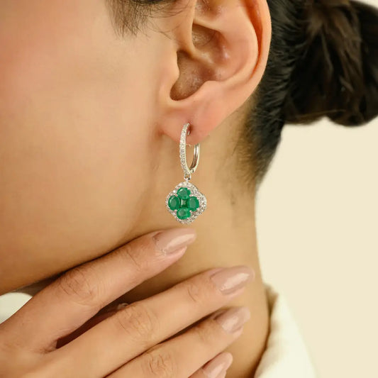 K14 White Gold Emerald & Diamond Hoop Charm Clover Drop Earrings Statement Jewelry
